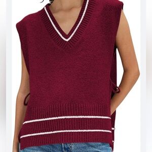 Free People Red and White V-Neck Sweater